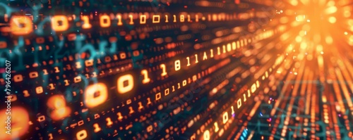 The lightningfast exchange of binary code flows through a network, visualized as streams of light in a cyber security system photo