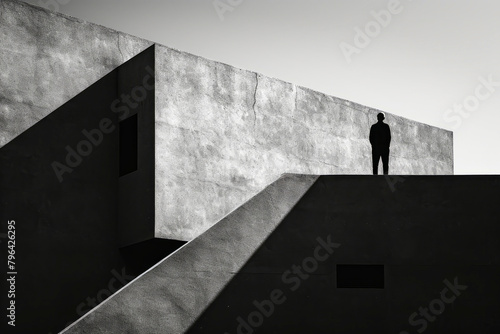 Man stands at the top of large concrete staircase.