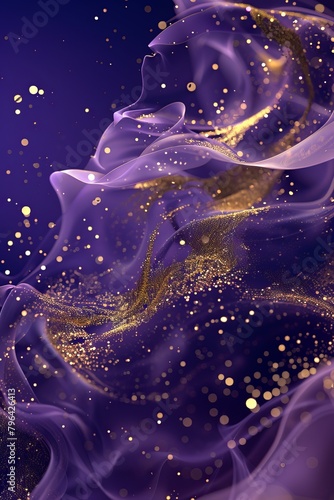 purple background, gold swirls and particles, abstract fluid shapes, gradient effect, glitter texture,60a5463f5c96