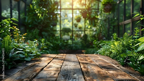 Greenery background with a blurred effect on a wooden table in a greenhouse setting. Concept Greenery Background, Blurred Effect, Wooden Table, Greenhouse Setting