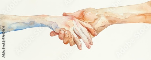 Two hands meet, sketched in a charming watercolor illustration, their touch gentle, kawaii