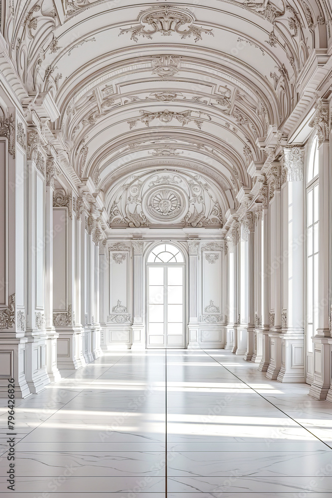 Long white hallway with arched doorways that go all the way back.