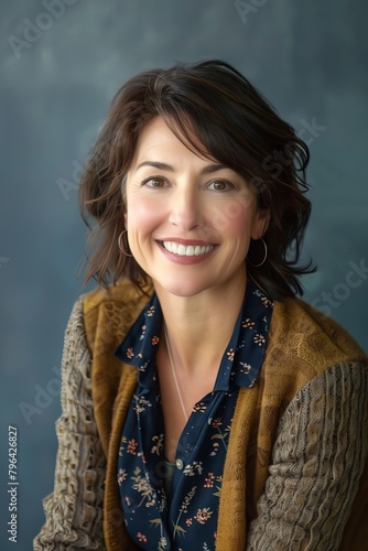 Real customer testimonial photo, head and shoulders portrait, warm smile, authentic background, 