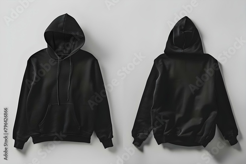 Black Hoodie Mockup on White Background: Displaying Front and Back Views. Concept Clothing Mockup, White Background, Front View, Back View, Black Hoodie