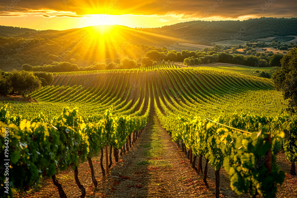 Field of grapes with beautiful sunset in the background.