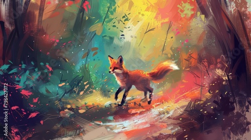 A small fox trots through a colorful forest, its bright eyes curious and eager to learn, bright water color photo