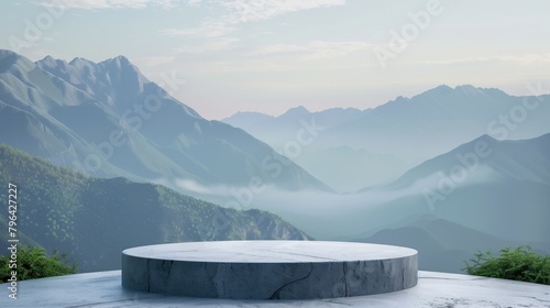 White Podium with a view of the mountains with trees. The front showcase with a stage for products. A pedestal for the presentation of goods  generative ai