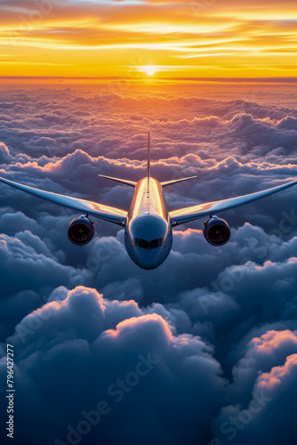 Airplane is flying through cloudy sky at sunset creating impressive view against the backdrop of the setting sun.