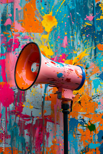 Pink megaphone with splatter paint on it stands in front of colorful wall. © valentyn640