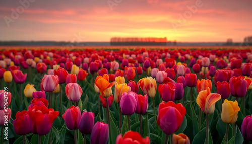 field of tulips and sunset