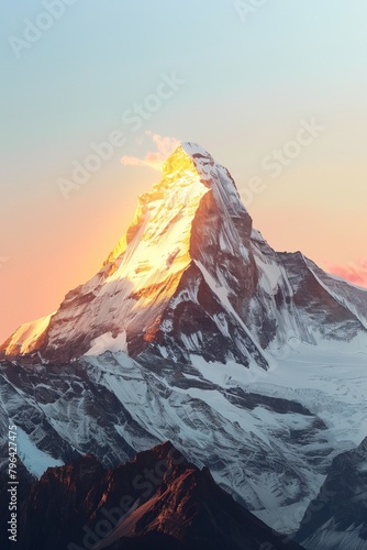 Realistic photography of snowcapped mountains, golden light shining on the top peak, sunrise.