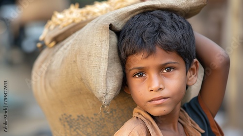 A young boy carrying a heavy sack of rice for his family. photo