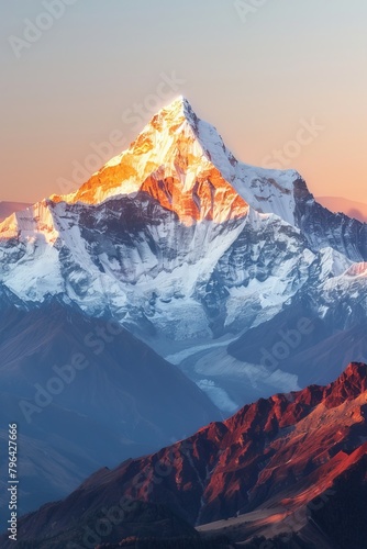 Realistic photography of snowcapped mountains, golden light shining on the top peak, sunrise. -9925-4462-a361-7d48adb86a73