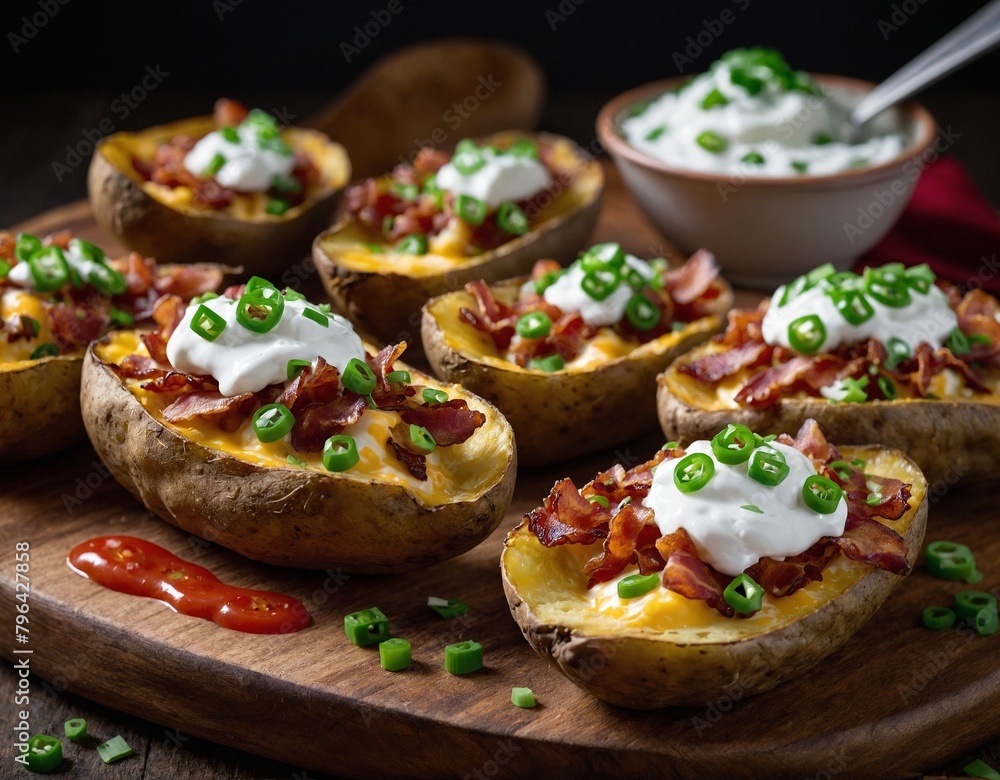 A platter of loaded potato skins topped with melted cheese, crispy bacon, and green onions, served with sour cream and salsa.
