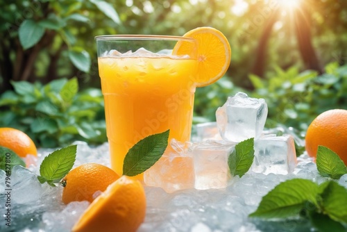 Refreshing orange juice in a glass with ice. A glass of freshly squeezed orange juice  garnished with mint.