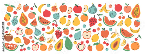 Set of different fruits and berries. Collection of organic vitamins and healthy nutrition. Watermelon, banana, peach