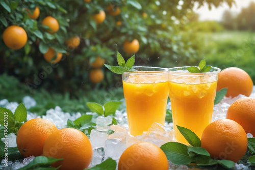 Refreshing orange juice in a glass with ice. A glass of freshly squeezed orange juice, garnished with mint.