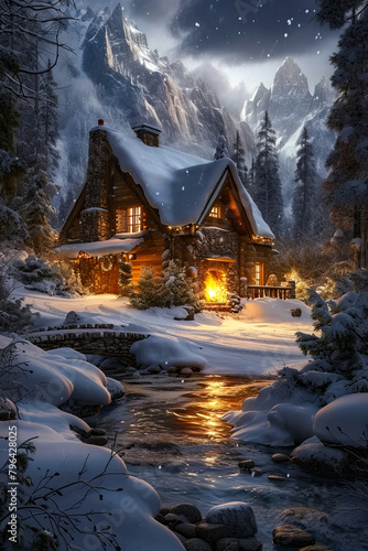 House with snow covered roof and fireplace lit up in the middle of the night.