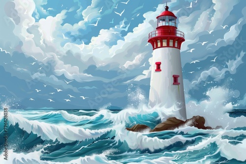 A serene painting of a lighthouse in the ocean. Suitable for home decor or travel websites
