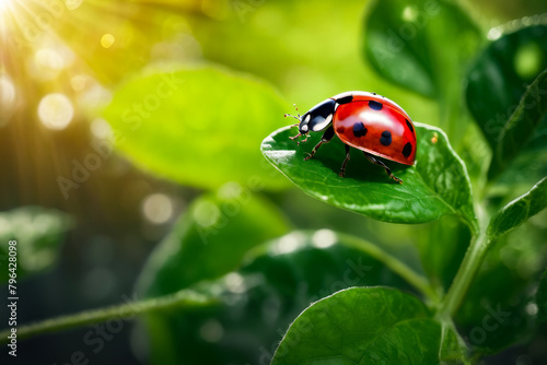 Ladybug is sitting on green leaf. © valentyn640