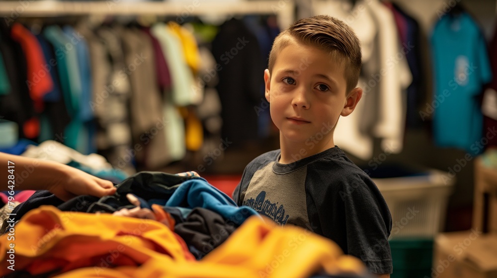 A young boy helping his parents sort through donated clothing.