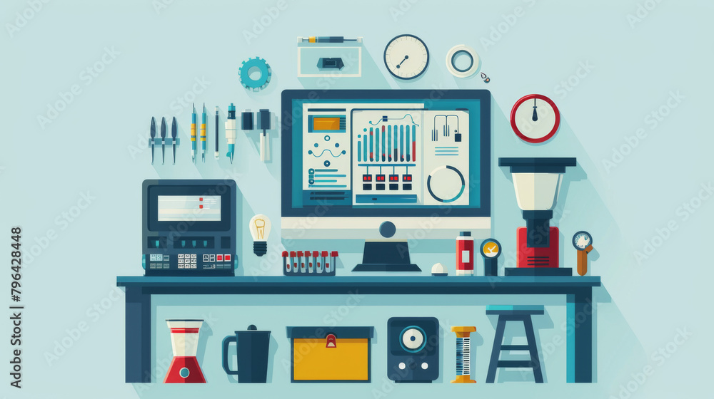Illustration of a well-organized electronics workbench with diverse tools and devices. Illustration of a well-organized electronics workbench with diverse tools and devices.