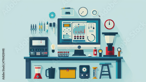 Illustration of a well-organized electronics workbench with diverse tools and devices.