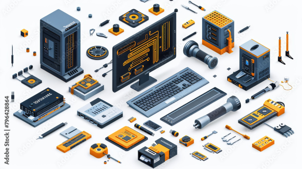 Isometric vector illustration of various computer hardware components and peripherals. Isometric vector illustration of various computer hardware components and peripherals.