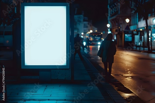 White vertical light box mockup at night in bus stop. Concept Mockup, Design, Night, Bus stop, Light box
