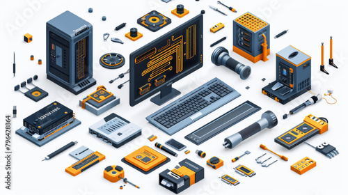 Isometric vector illustration of various computer hardware components and peripherals. photo