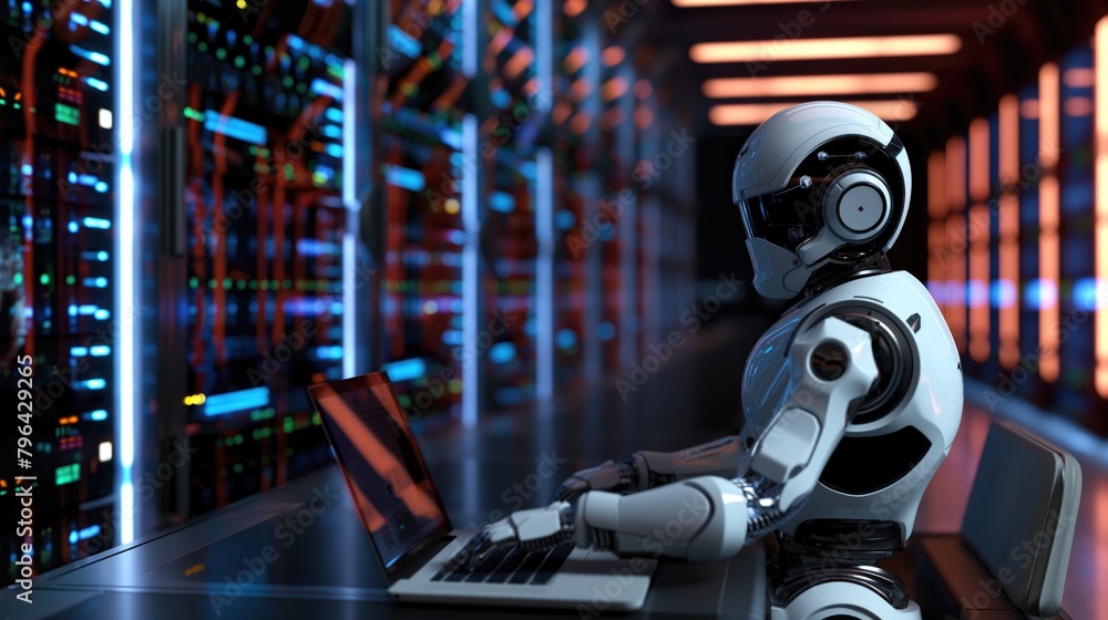 Robot working with laptop in data centre server room as futuristic data storage and Internet connection concept and big data processing in a technologically advanced society Robot working with laptop in data centre server room as futuristic data storage and Internet connection concept and big data processing in a technologically advanced society