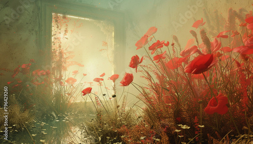 red flowers in abandoned house