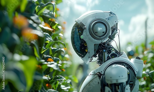 Robots cultivating crops in a high-tech, sustainable farm