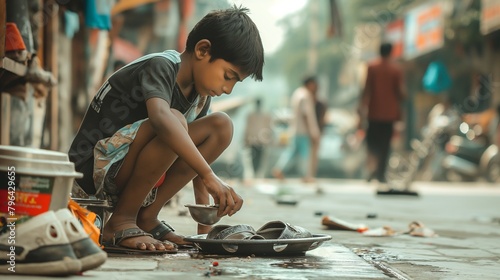 A young boy shining shoes on a busy city street to earn money. photo