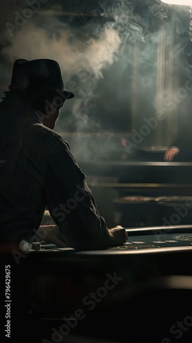 A shadowy casino scene with a deceptive poker player, hiding cards under the table, dimly lit for a mysterious atmosphere photo