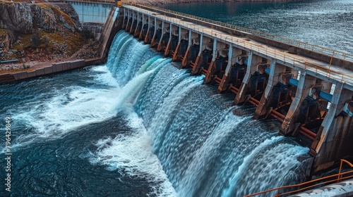 A dam with water flowing out, suitable for environmental themes photo