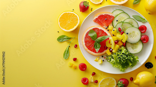 Plates with fresh healthy products on yellow background