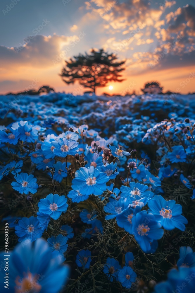 Obraz premium The ground is covered with blue flowers, and the sky in front has a beautiful sunrise.
