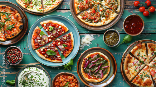 Plates with tasty Turkish Pizza on green wooden background