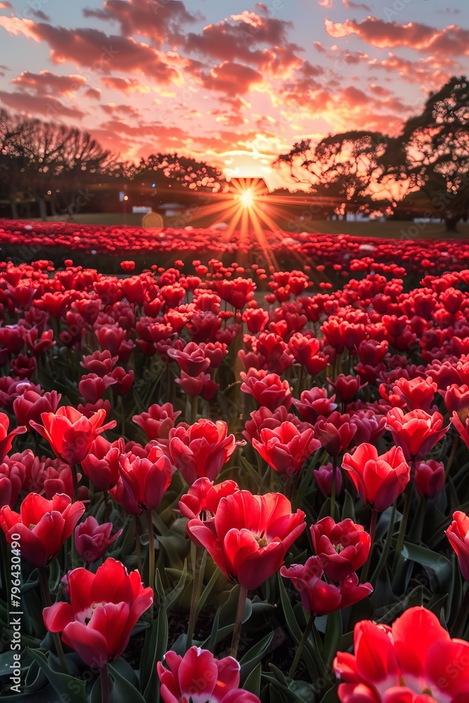The ground is covered with red flowers, and the sky in front has a beautiful sunrise. I