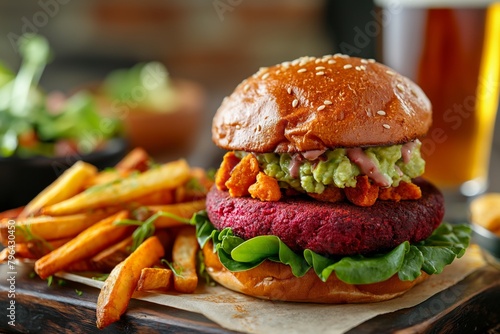 Hearty beet burger topped with avocado, served with sweet potato fries and a cold beer photo