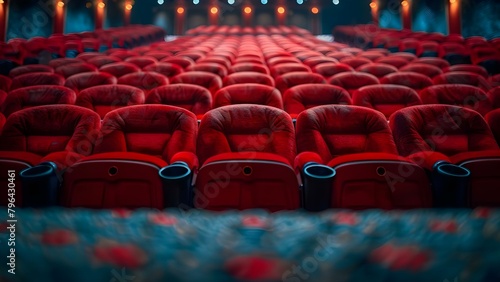 Rows of Red Theater Chairs: A Classic Entertainment Venue Scene. Concept Theater Chairs, Entertainment Venue, Classic Scene, Red Seating, Traditional Setting photo