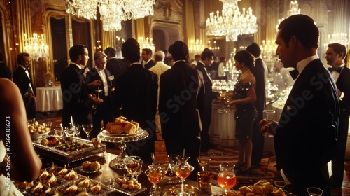 A group of businessmen and women stand with backs to the camera in a lavish room filled with chandeliers and elegant decorations. . .