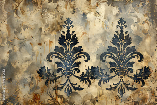 Vintage wall paper, damask pattern with fleur de lis and scrollwork design elements, distressed watercolor background. Created with Ai