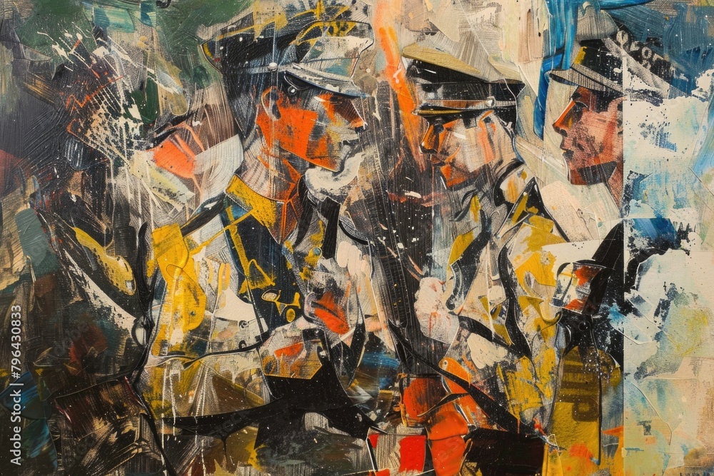 A realistic painting depicting a group of men in uniform. Suitable for military and historical themes A realistic painting depicting a group of men in uniform. Suitable for military and historical themes