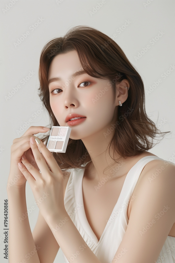 beautiful Korean woman in her twenties with brown hair, wearing an elegant white sleeveless top and holding up two small eye shadow palettes to the camera beautiful Korean woman in her twenties with brown hair, wearing an elegant white sleeveless top and holding up two small eye shadow palettes to the camera