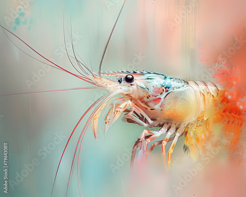 Surreal portrait of a shrimp with its antennae elegantly posed like a conductors baton, against a pastel watercolor backdrop, no grunge, no dust, 4k