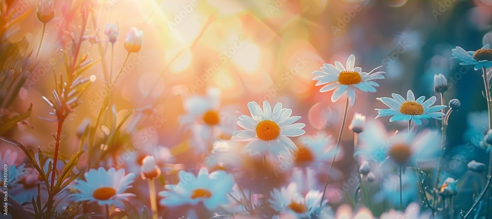 Beautiful spring meadow with white daisies, sun rays and blurred background. Nature landscape with wild flowers in sunny day. Background banner for design, banner with copy space.