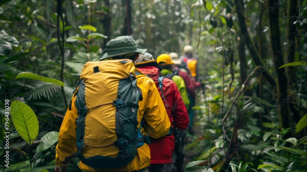 A group of hikers all wearing brightly colored jackets and hats make way through the dense foliage of the forest. They are determined . .
