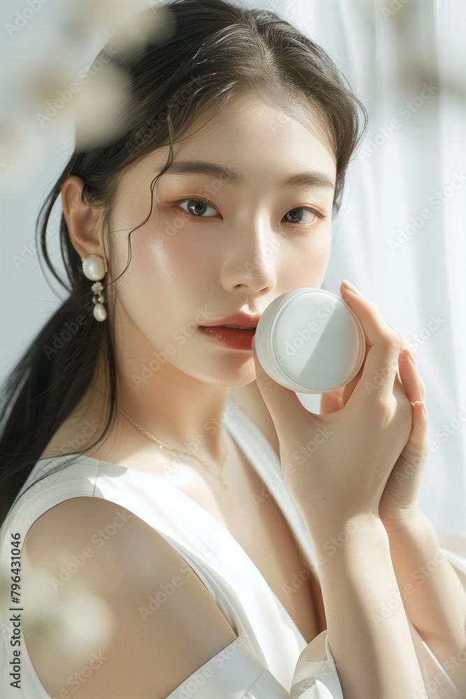 Korean girl holding and showing the powder compact in her hand, wearing white with long hair tied back, posing for an editorial photoshoot set against a white background Korean girl holding and showing the powder compact in her hand, wearing white with long hair tied back, posing for an editorial photoshoot set against a white background